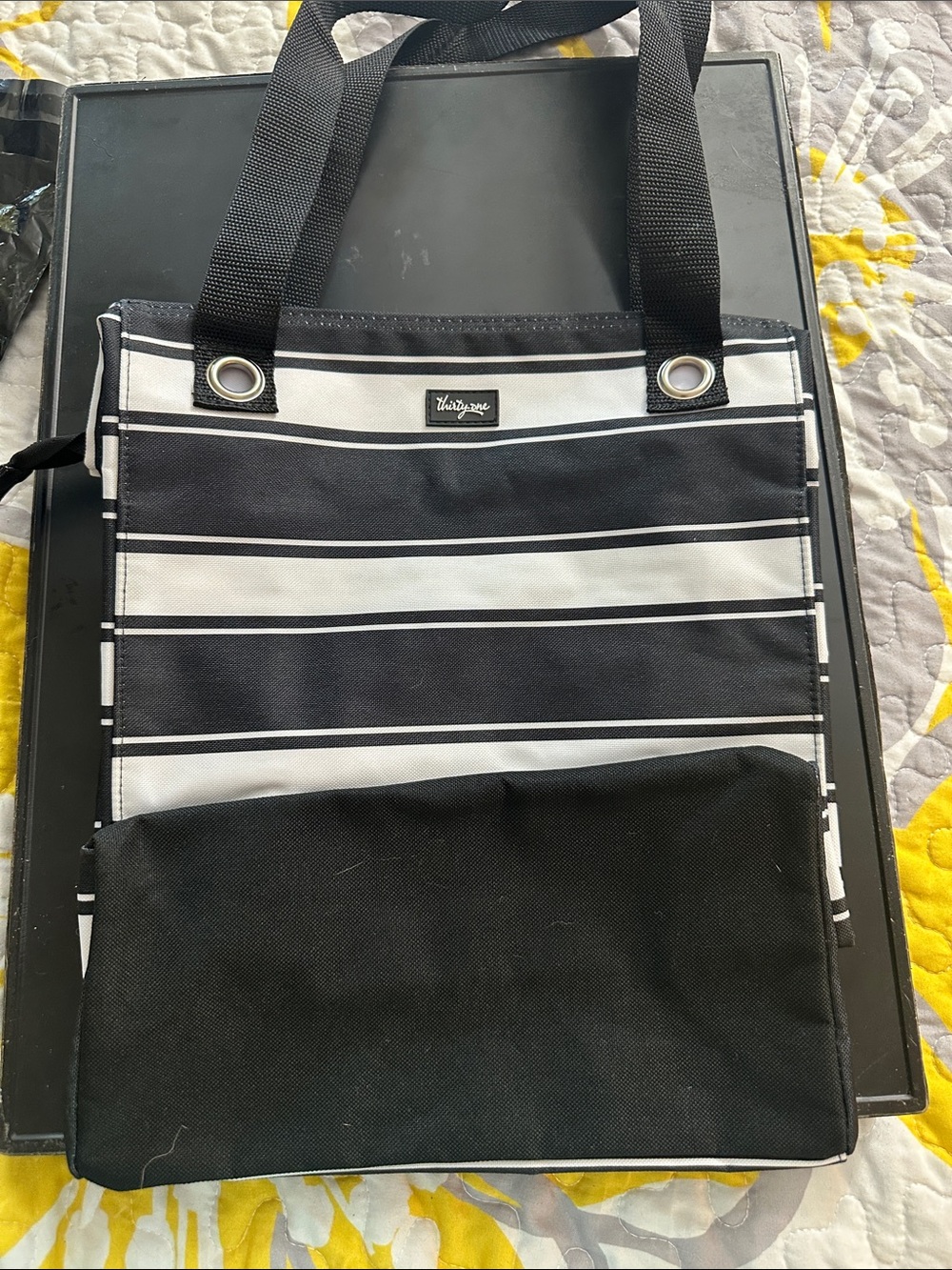 thirty-one Black and White Striped Canvas Messenger Tote